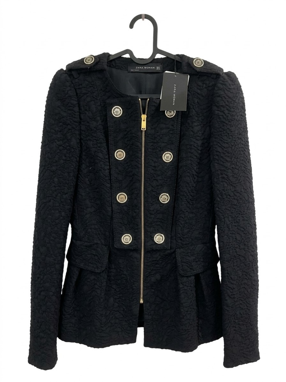 ZARA Woman Black Textured Military Peplum Blazer Gold Crest Buttons Sz S Fits XS